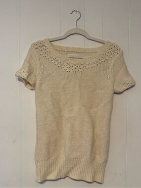 American Eagle Outfitters Cream Knit Short-Sleeve Sweater with Lace Yoke